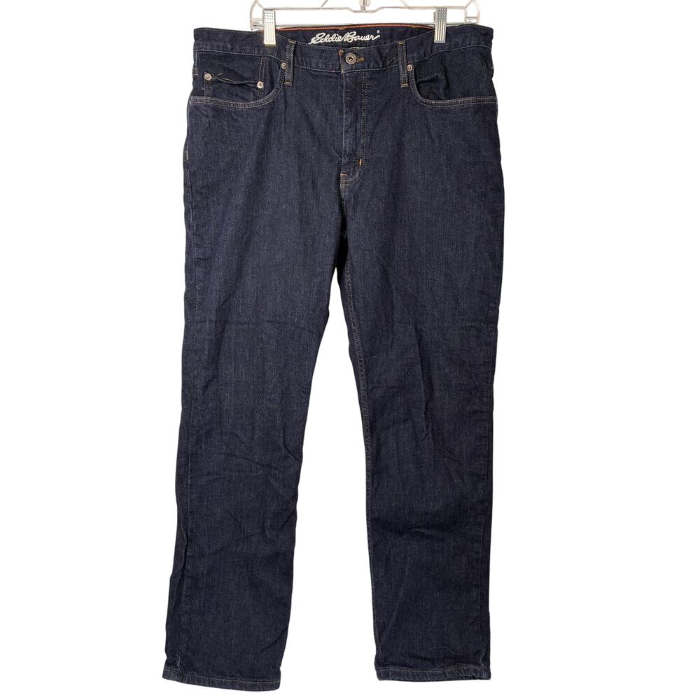 Eddie Bauer Buffalo Plaid Flannel Lined Jeans Mens 38x32 Blue Dark Straight Leg